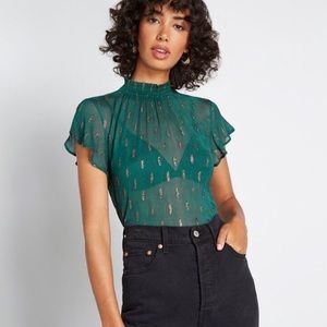 ModCloth Calling Dibs green sparkly Boho mock Neck Top NWT